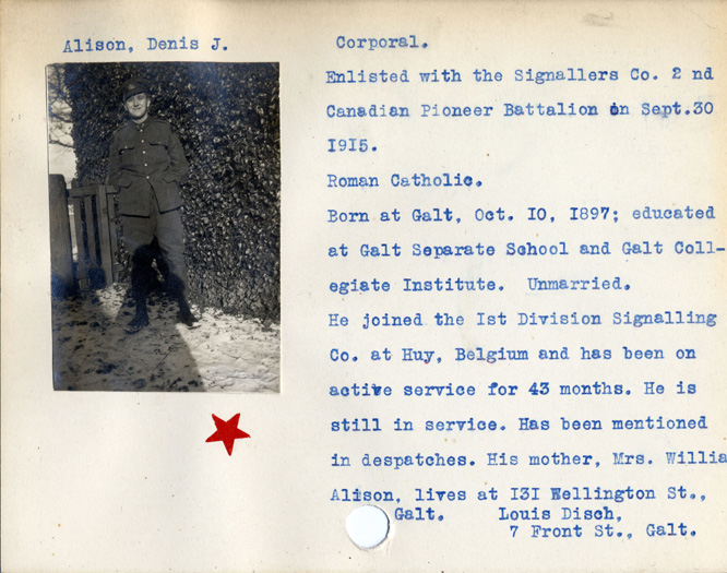 WWI Soldier Card for Denis J. Alison